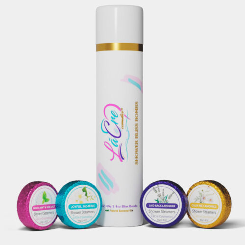 A tall white bottle with gold accents surrounded by four colorful small containers.