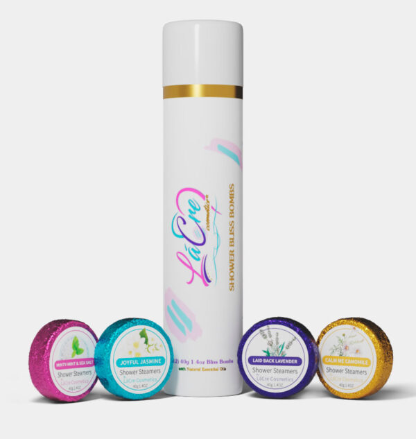 A tall white bottle with gold accents surrounded by four colorful small containers.