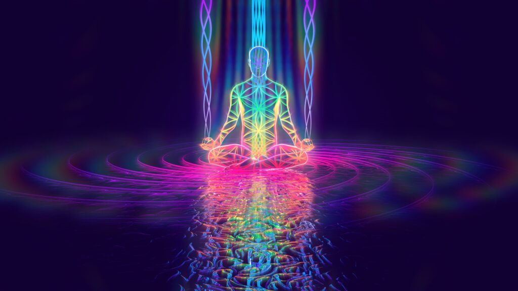 A neon silhouette meditates beside glowing water reflections.