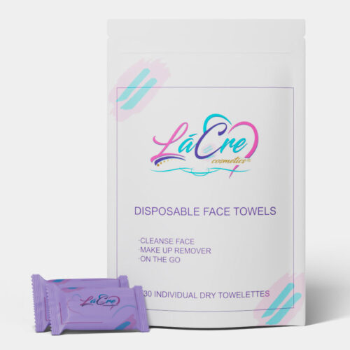Disposable face towels in purple packaging with a white resealable pouch.