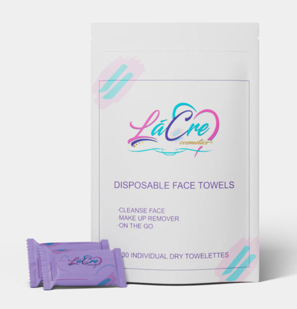 Disposable face towels in purple packaging with a white resealable pouch.