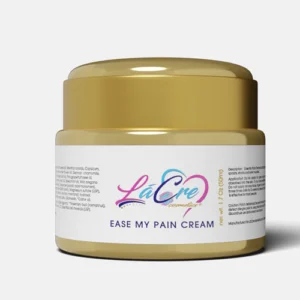 A jar of LeLeEase My Pain Cream with a gold lid.