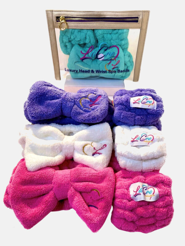 Colorful, fluffy headbands with embroidered logos, arranged neatly.
